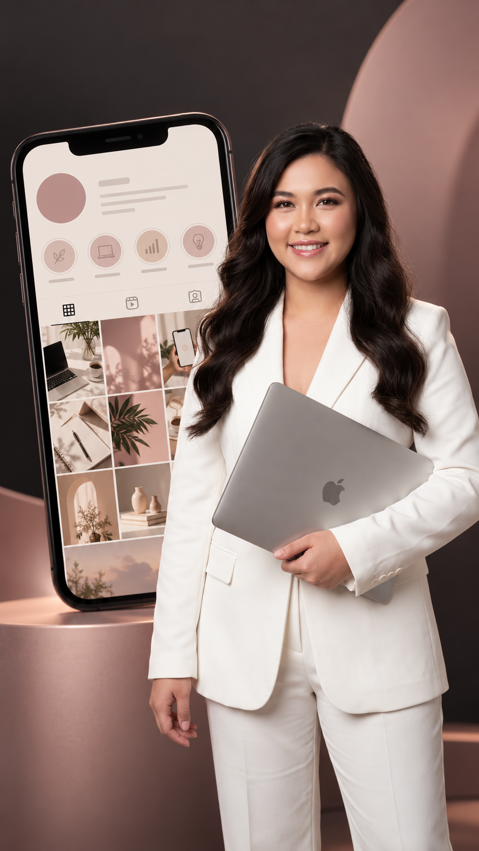 Jhaycee in a white suit with a social media profile displayed on a smartphone behind her