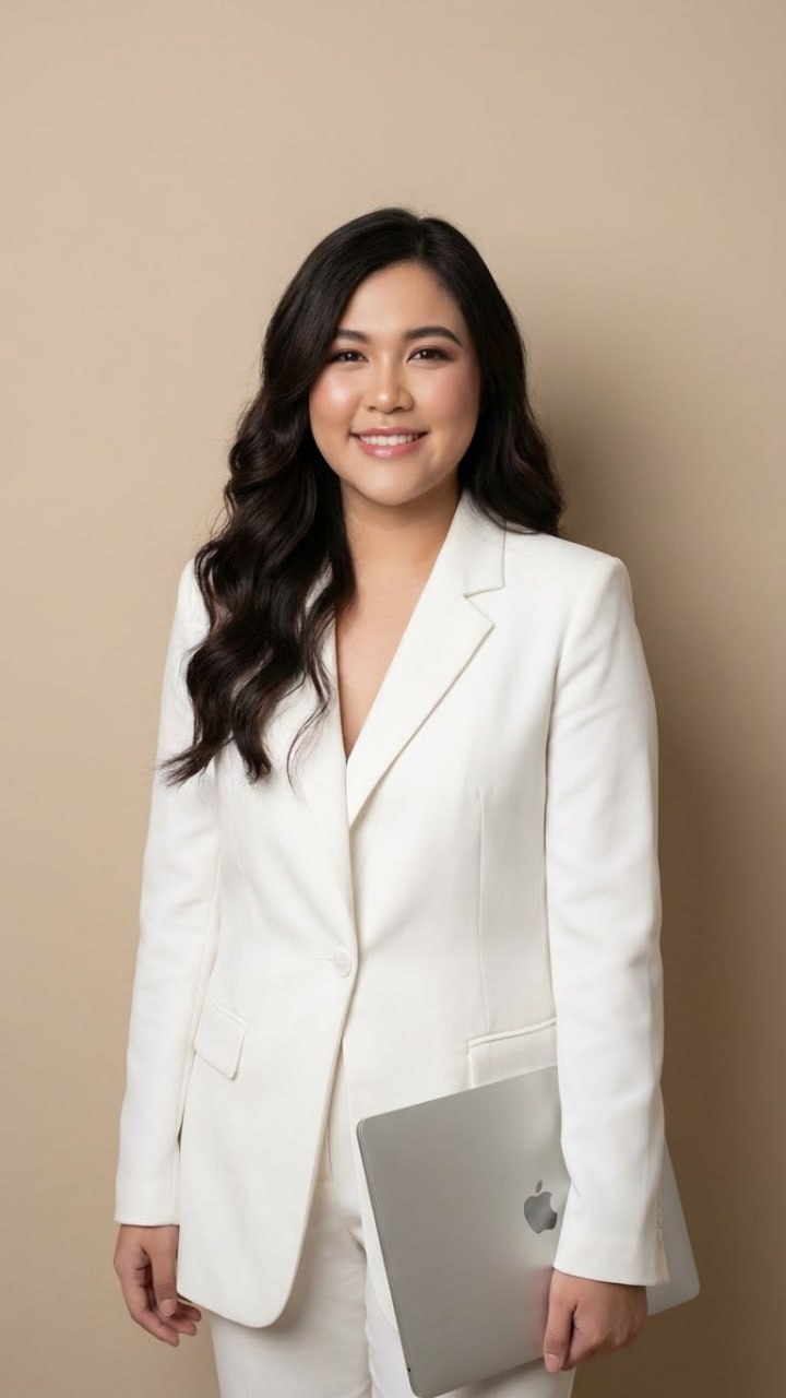 Jhaycee Legaspi in a white suit holding a laptop