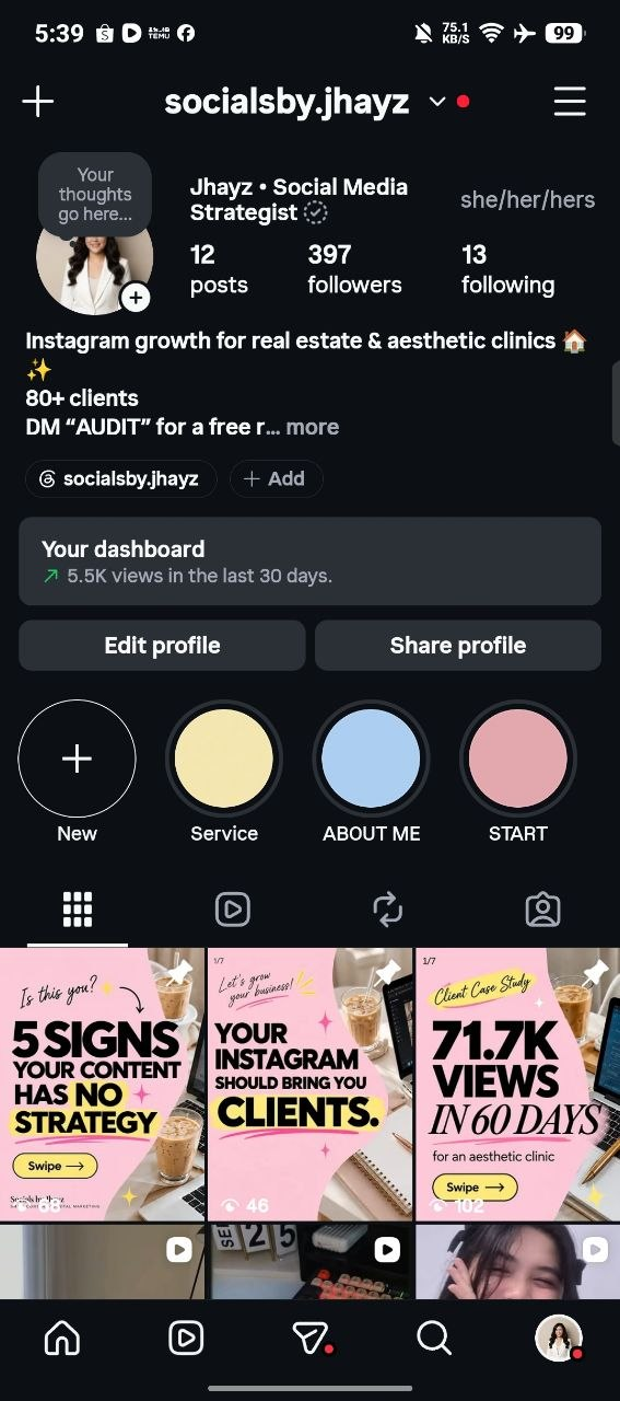 Instagram profile screenshot showing 12 posts, 397 followers, and 5.5K views in the last 30 days