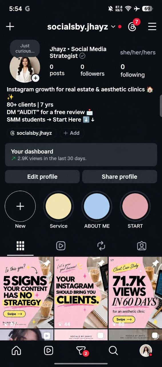 Instagram profile screenshot showing 0 posts and 0 followers