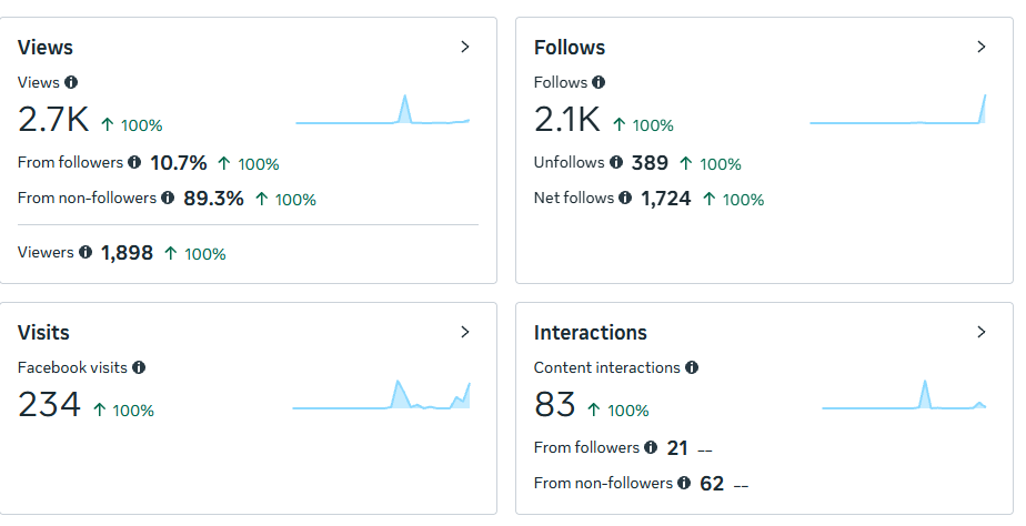 Meta insights overview screenshot showing views, follows, Facebook visits, and content interactions