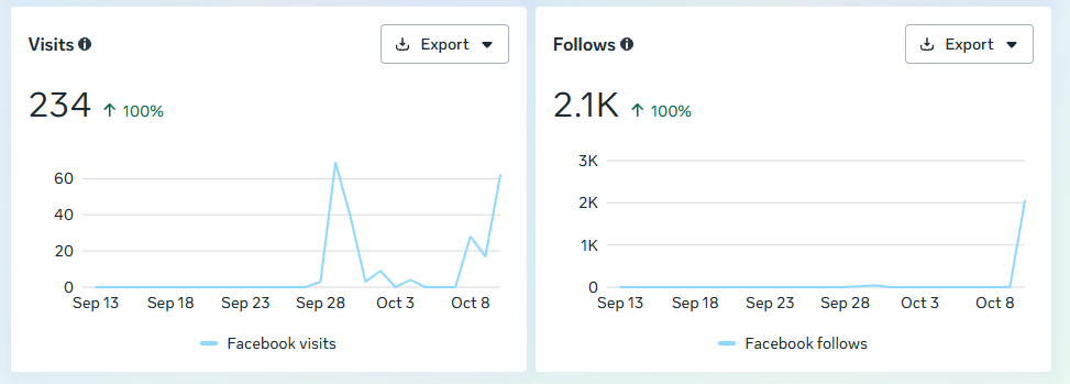 Meta dashboard chart showing 234 Facebook visits and 2.1K follows